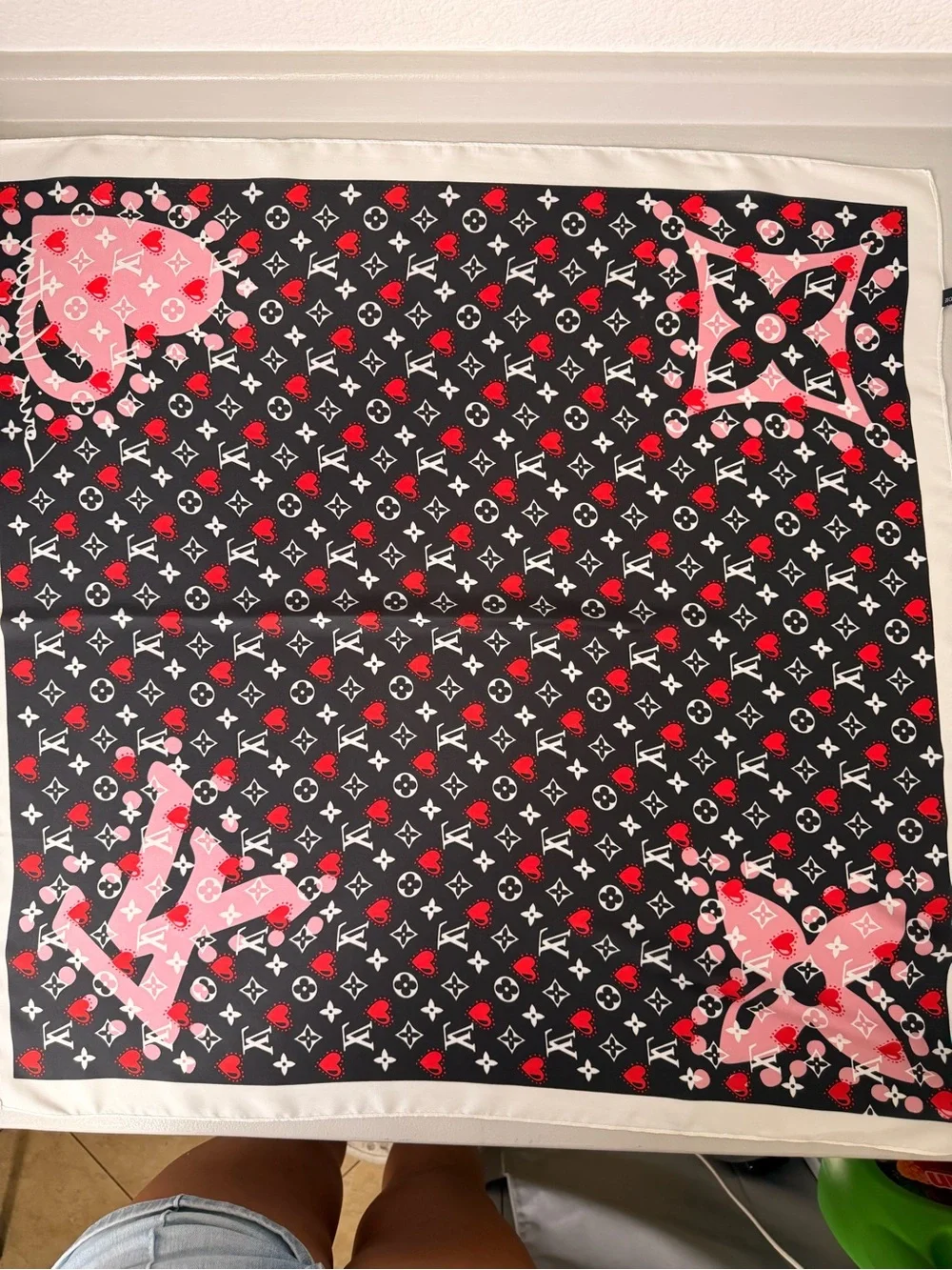 Designer-Inspired Women’s Silk Scarf in Black, Red & Pink